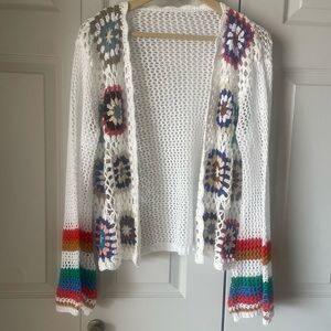 Crochet open-front cardigan. Multicolor granny squares. Bell sleeves. Size Large